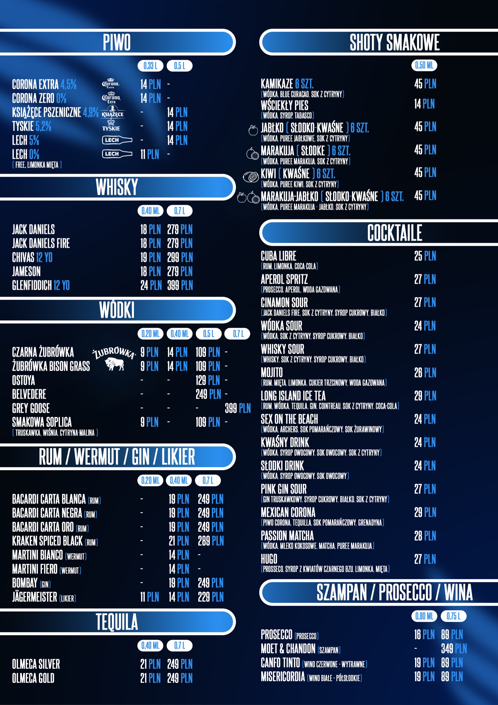 Karta menu SkyClub 2026